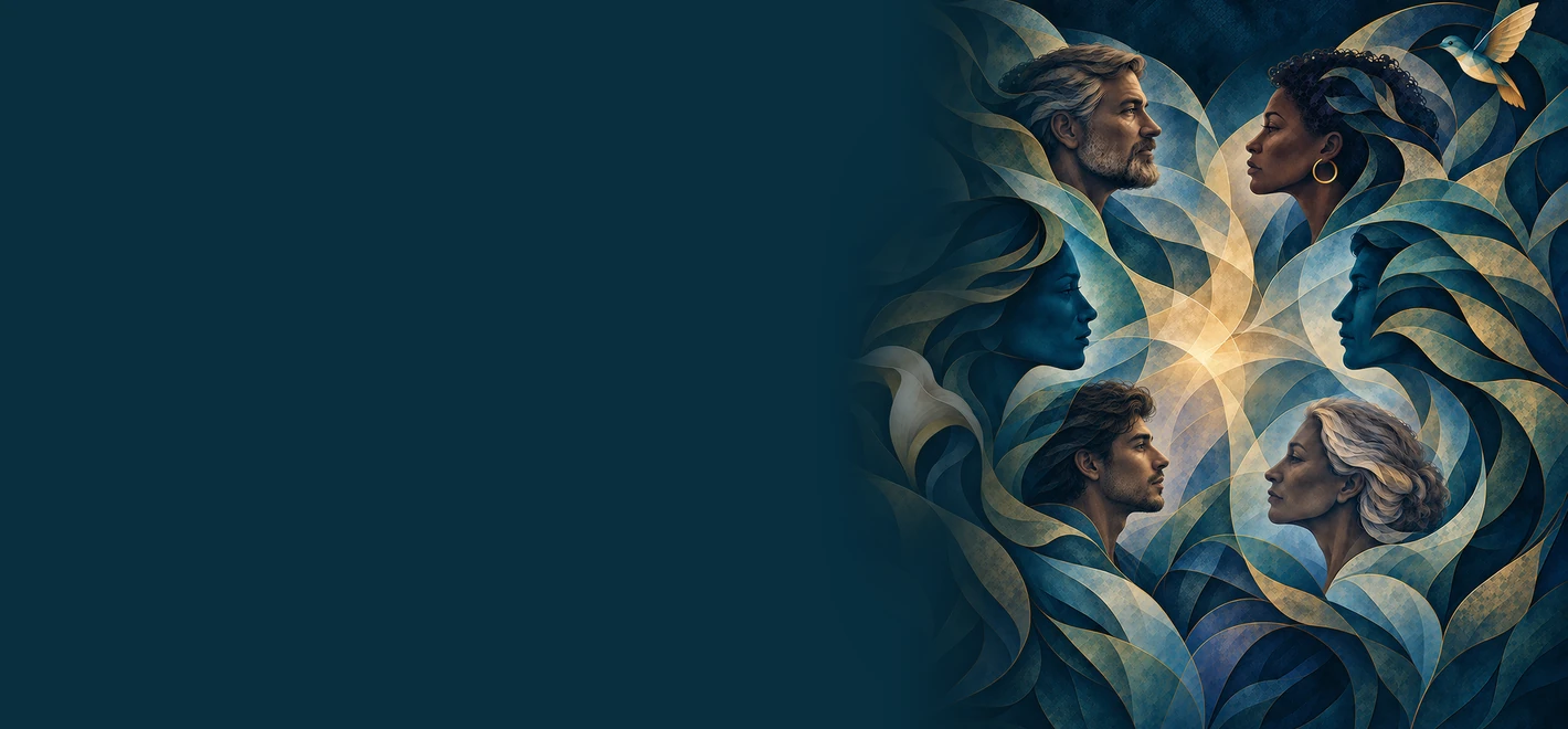 Six people emerging from connected abstract forms around a gentle light, with a lily and hummingbird